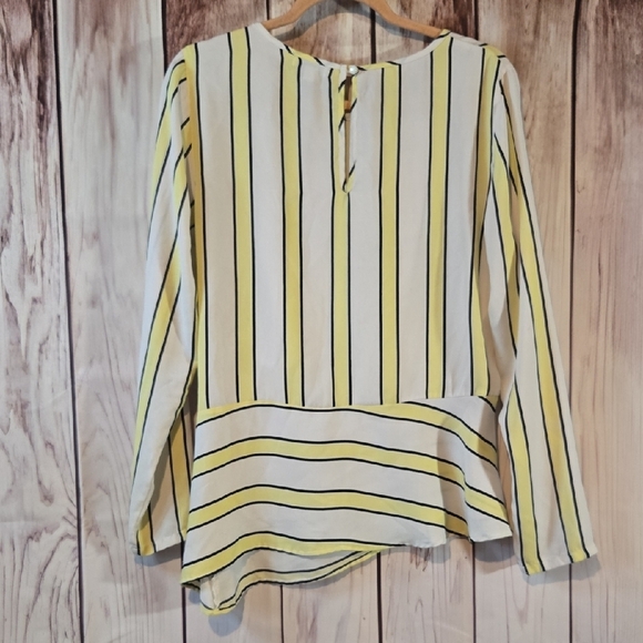 Ophelia Roe Vertical Striped Yellow and Black Asymmetrical Blouse Womens Large - Picture 6 of 7